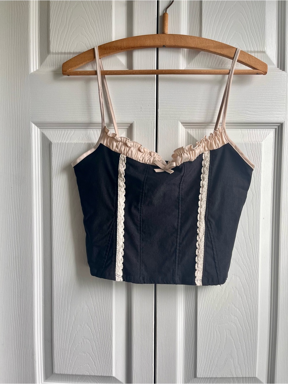 Black and Cream Lace Trim Cropped Top - Women